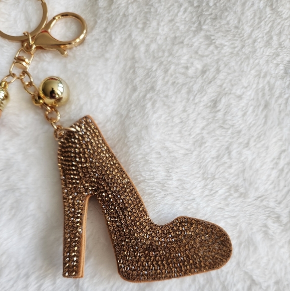 Gold Rhinestone High Heel Keychain Bag Charm - Picture 2 of 4